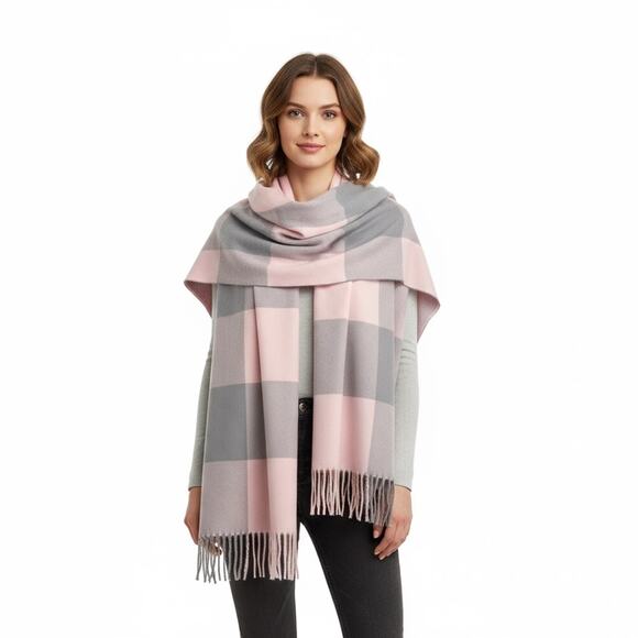 Luxurious Pink & Grey Plaid Oversized Scarf | Soft Blanket Shawl Wrap (200x65cm) - Picture 2 of 3